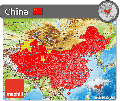 Flag Map of China, physical outside, bathymetry sea, flag centered