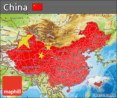 Flag Map of China, physical outside, bathymetry sea, flag centered
