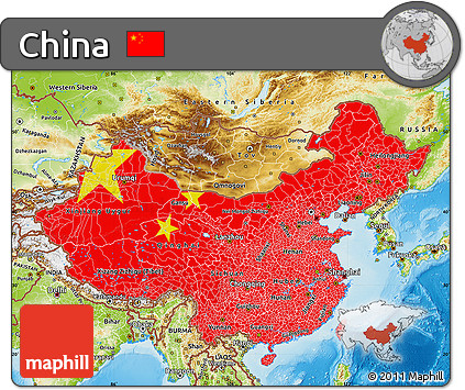 Flag Map of China, physical outside, flag centered