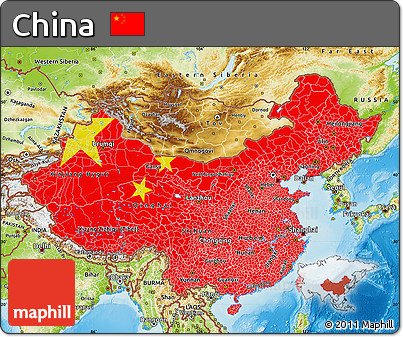 Flag Map of China, physical outside, flag centered