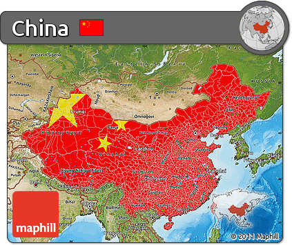 Flag Map of China, satellite outside, bathymetry sea, flag centered