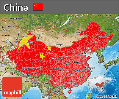 Flag Map of China, satellite outside, bathymetry sea, flag centered