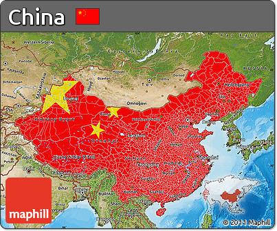 Flag Map of China, satellite outside, bathymetry sea, flag centered