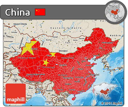 Flag Map of China, shaded relief outside, bathymetry sea, flag centered