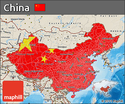 Flag Map of China, shaded relief outside, bathymetry sea, flag centered