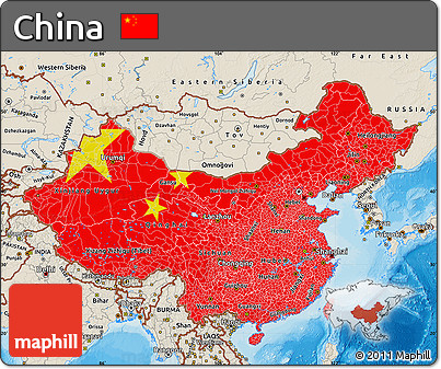 Flag Map of China, shaded relief outside, bathymetry sea, flag centered