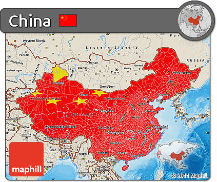 Flag Map of China, shaded relief outside, bathymetry sea, flag rotated