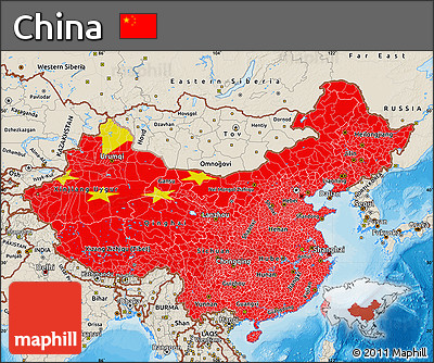 Flag Map of China, shaded relief outside, bathymetry sea, flag rotated