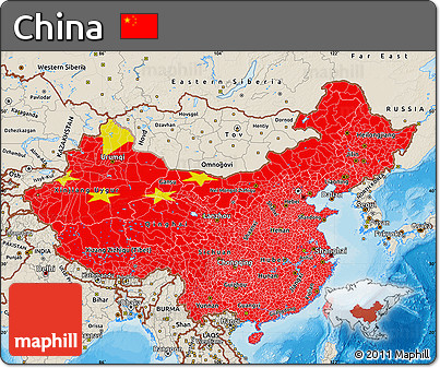 Flag Map of China, shaded relief outside, bathymetry sea, flag rotated