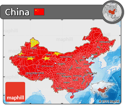 Flag Map of China, single color outside, bathymetry sea, shaded relief sea, flag rotated
