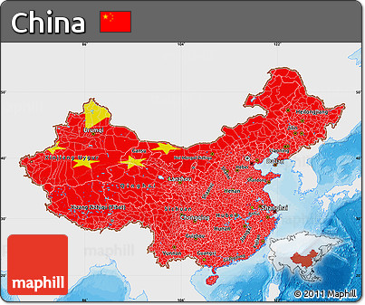 Flag Map of China, single color outside, bathymetry sea, shaded relief sea, flag rotated