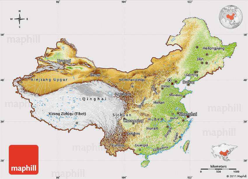 Physical Map Of China Physical Map Of China, Cropped Outside