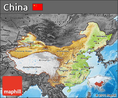 Physical Map of China, darken, desaturated, land only