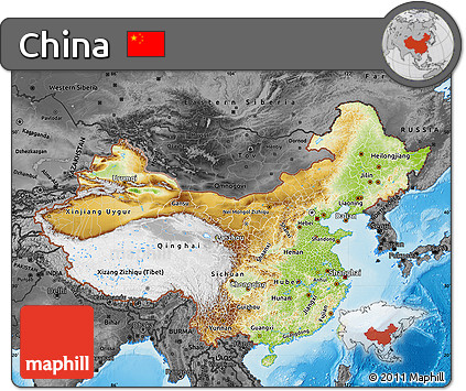 Physical Map of China, darken, desaturated, land only