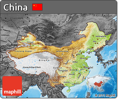Physical Map of China, darken, desaturated, land only