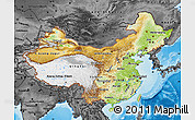 Physical Map of China, darken, desaturated, land only