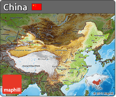 Physical Map of China, darken, land only