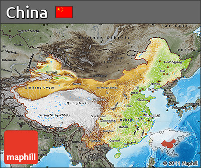 Physical Map of China, darken, semi-desaturated, land only