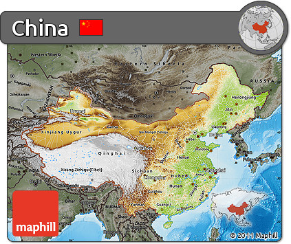 Physical Map of China, darken, semi-desaturated, land only