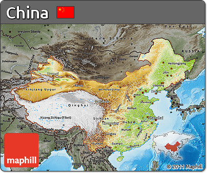 Physical Map of China, darken, semi-desaturated, land only