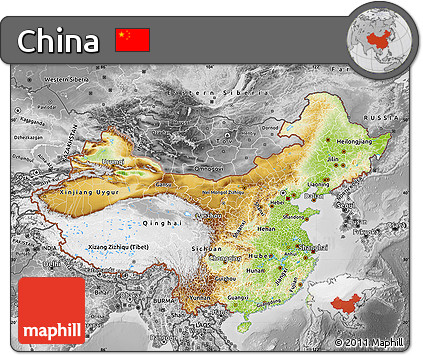 Physical Map of China, desaturated