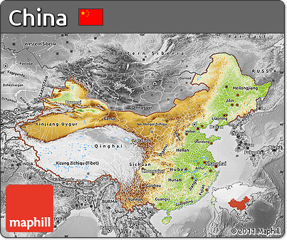 Physical Map of China, desaturated