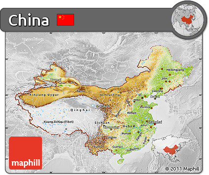 Physical Map of China, lighten, desaturated