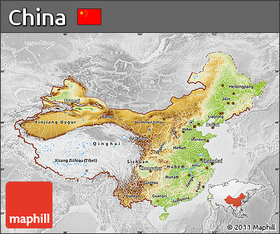 Physical Map of China, lighten, desaturated