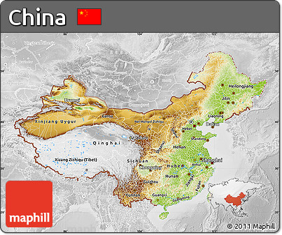 Physical Map of China, lighten, desaturated