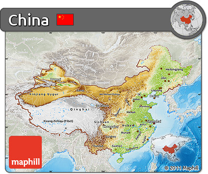 Physical Map of China, lighten, semi-desaturated, land only