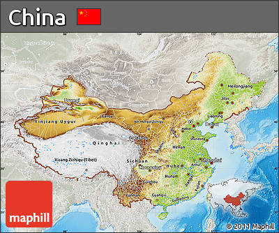 Physical Map of China, lighten, semi-desaturated, land only