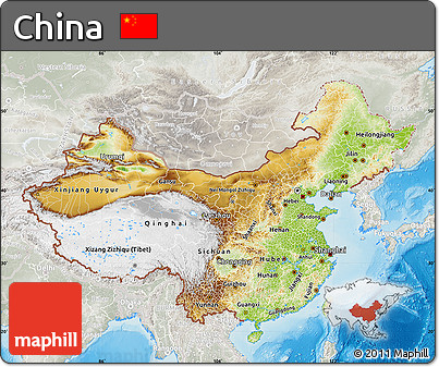 Physical Map of China, lighten, semi-desaturated, land only