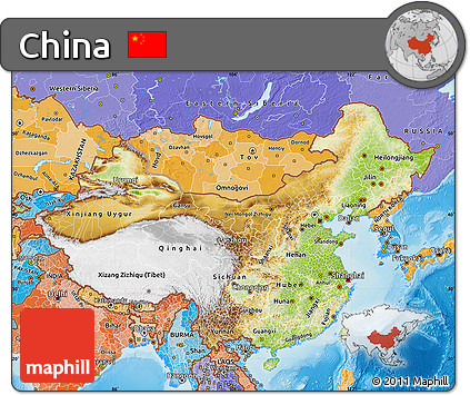 Physical Map of China, political shades outside, shaded relief sea