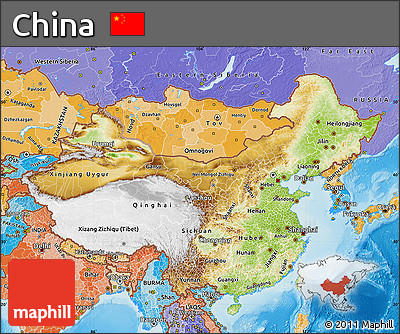 Physical Map of China, political shades outside, shaded relief sea