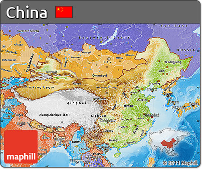 Physical Map of China, political shades outside, shaded relief sea