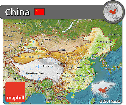 Physical Map of China, satellite outside