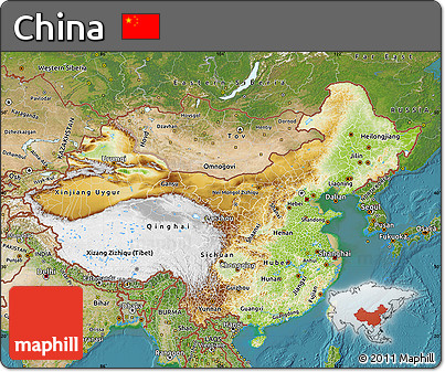 Physical Map of China, satellite outside