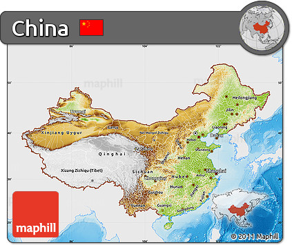 Physical Map of China, single color outside