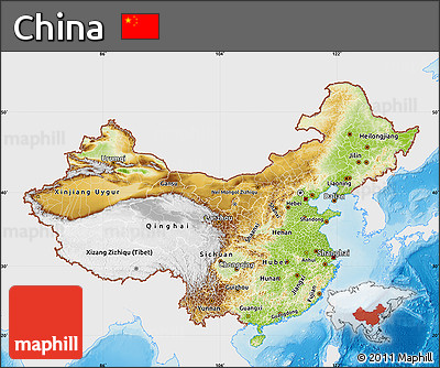 Physical Map of China, single color outside