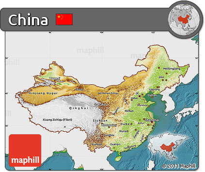 Physical Map of China, single color outside, satellite sea