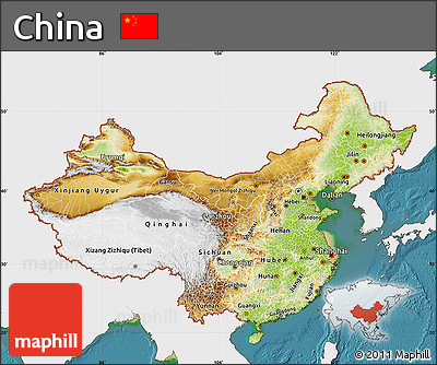 Physical Map of China, single color outside, satellite sea