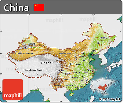 Physical Map of China, single color outside, satellite sea