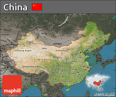 Satellite Map of China, darken, semi-desaturated, land only