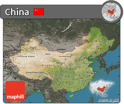 Satellite Map of China, darken, semi-desaturated, land only
