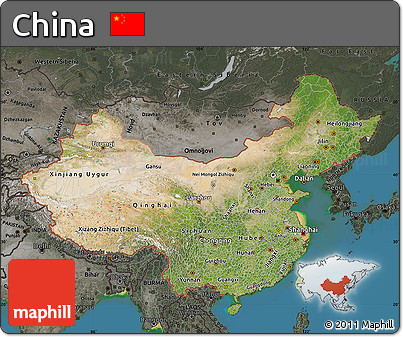 Satellite Map of China, darken, semi-desaturated, land only