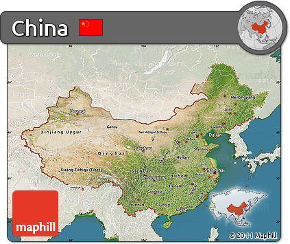 Satellite Map of China, lighten, land only