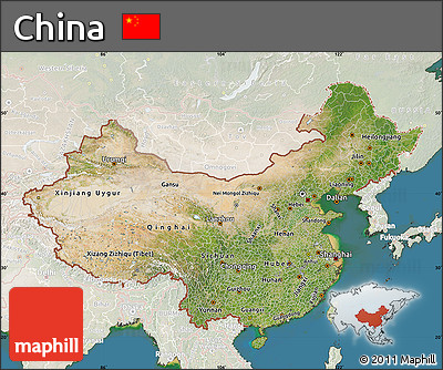Satellite Map of China, lighten, land only