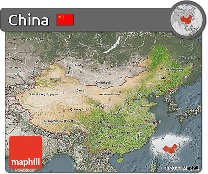 Satellite Map of China, semi-desaturated
