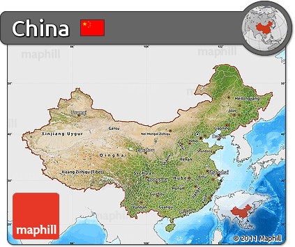 Satellite Map of China, single color outside, bathymetry sea