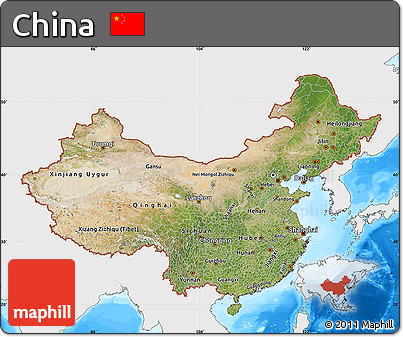 Satellite Map of China, single color outside, bathymetry sea